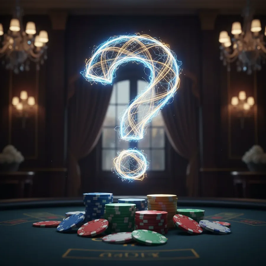 Point d'interrogation lumineux sur des jetons de casino