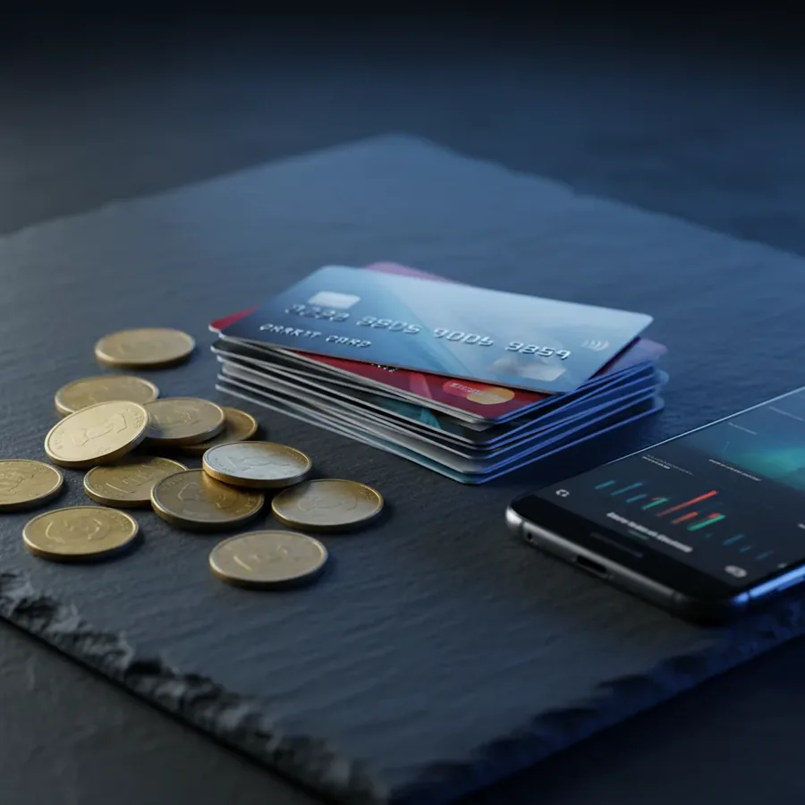 Piles de cartes bancaires à côté de pièces et d'un smartphone